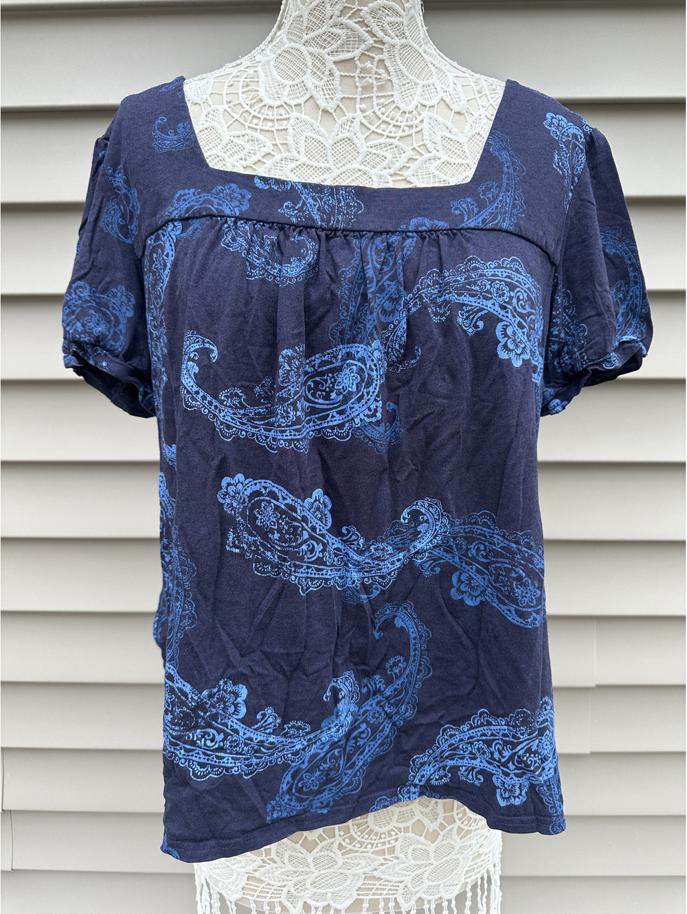 Vintage Blue Paisley Blouse Square Neck Puff Sleeve